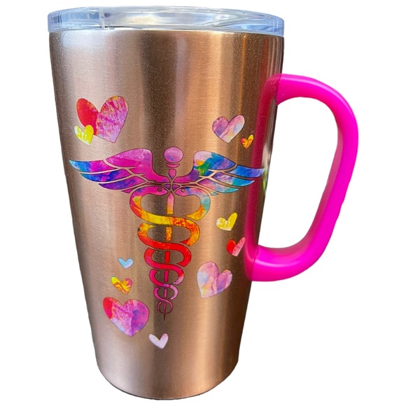 Spoontiques Other - 18oz Insulated Stainless Steel NURSE CADUCEUS RN Mug with Lid Rose Gold NEW